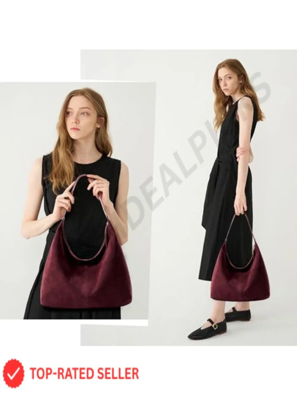 Slouchy Hobo Bag Faux Suede Leather Zipper Tote 14L Vegan Leather Shoulder